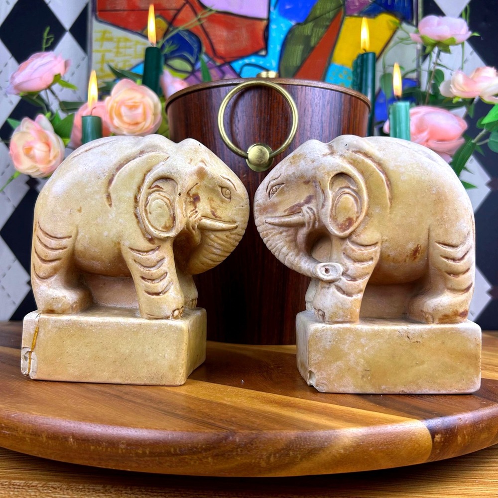 Alabaster Elephant Bookend Pair Safari Lodge Home Decor Organic Rustic Design